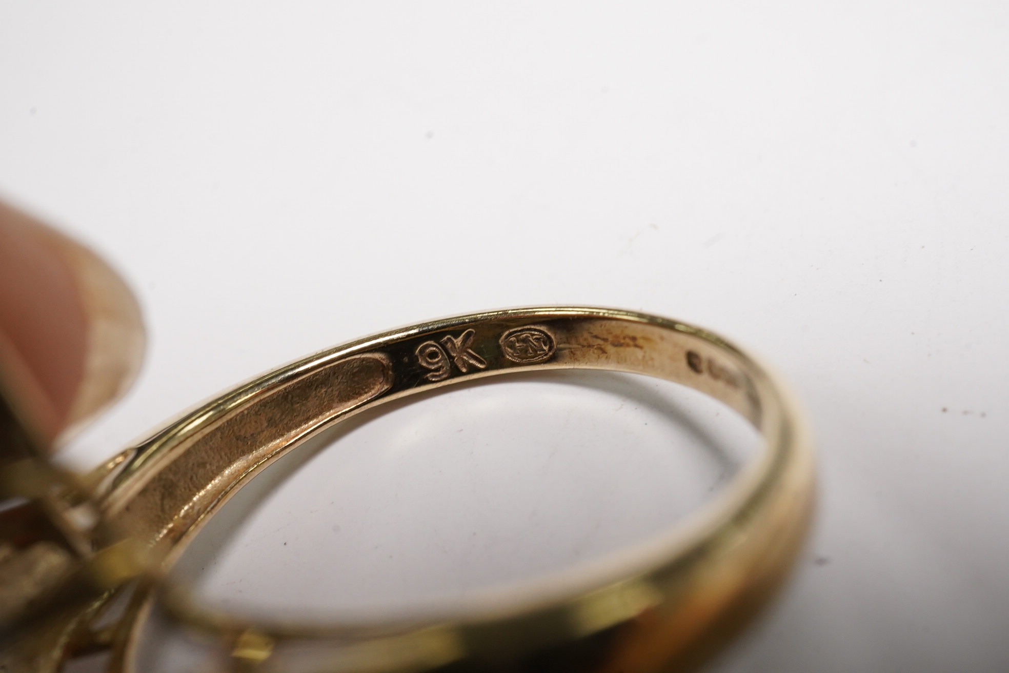 Two modern 9ct gold and diamond set rings, diamond chip cluster and five stone coloured diamond set half hoop, both size L, gross weight 6.4 grams. Condition - poor to fair